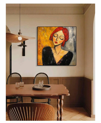 Red Hair Woman Portrait Wall Art Modigliani Style Abstract Canvas for Living Room