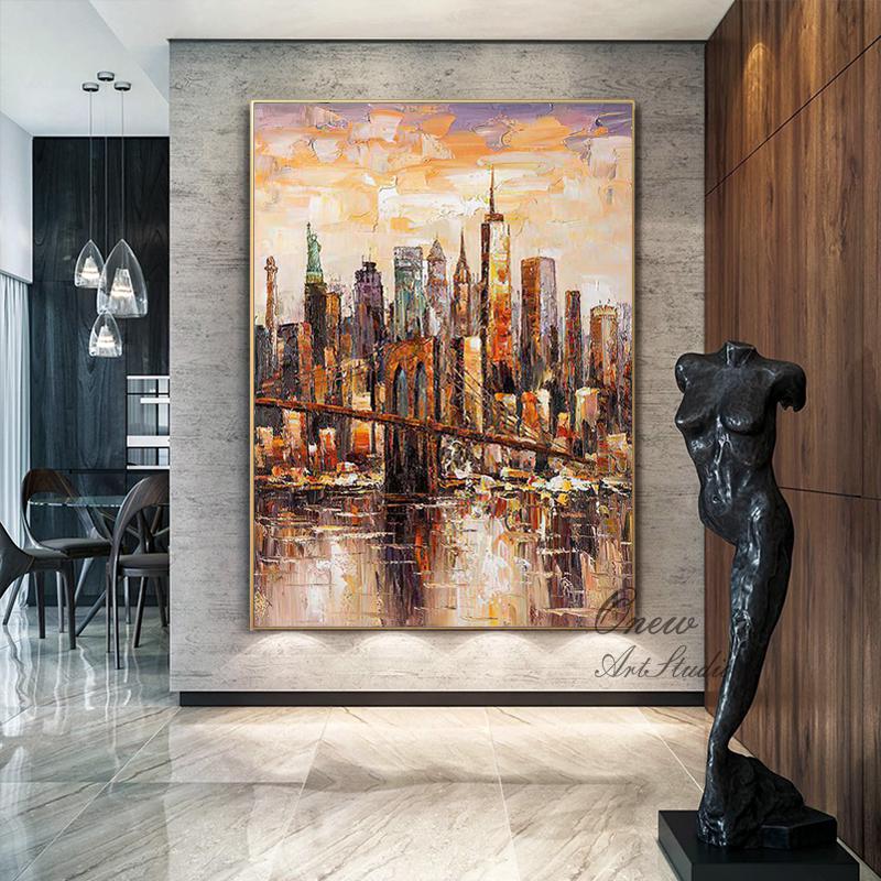 Original Brooklyn Bridge Canvas Wall Art, Large Abstract New York Cityscape Oil Painting on Canvas,modern Manhattan Painting for Living Room