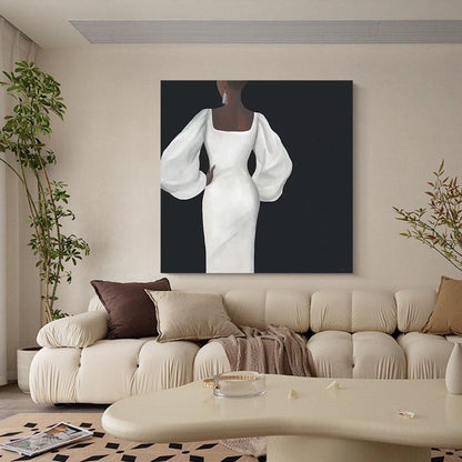 May include: A painting of a person wearing a white dress with large, puffy sleeves. The person is standing with their back to the viewer, and the background is black.