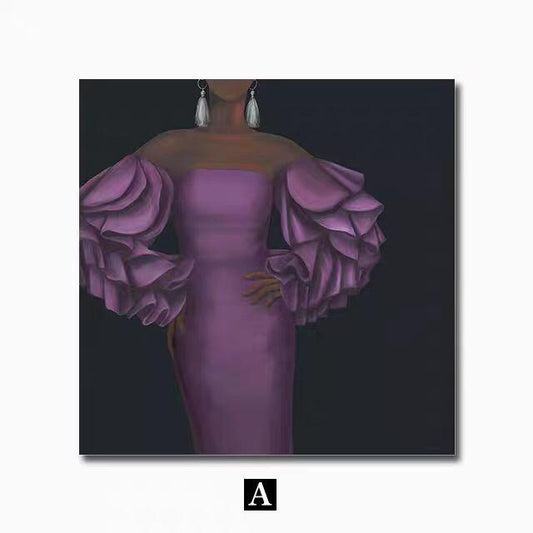 May include: A woman in a purple dress with ruffled sleeves and white earrings. The dress is a deep purple color and the sleeves are a lighter shade of purple. The woman is standing against a black background.