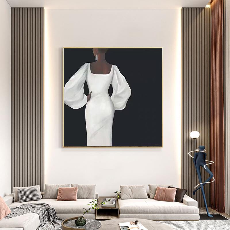 May include: A painting of a person wearing a white dress with large puffy sleeves, standing against a black background.
