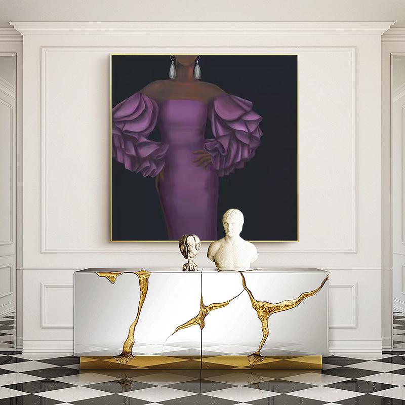 May include: A gold-accented mirrored console table with a white marble-like design. The table is decorated with a bust of a person and a decorative object. A painting of a woman in a purple dress with large ruffled sleeves hangs above the table.