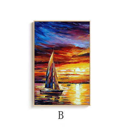 Abstract Seascape and Sunset Oil Painting on Canvas, Original Ocean and Sailboat Wall Art, Modern Coastal Landscape Painting for Living Room
