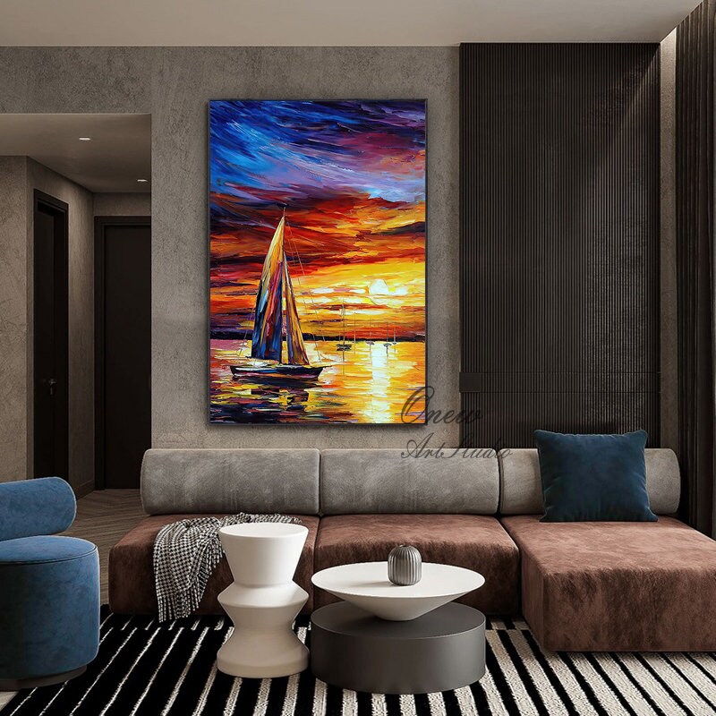 Abstract Seascape and Sunset Oil Painting on Canvas, Original Ocean and Sailboat Wall Art, Modern Coastal Landscape Painting for Living Room