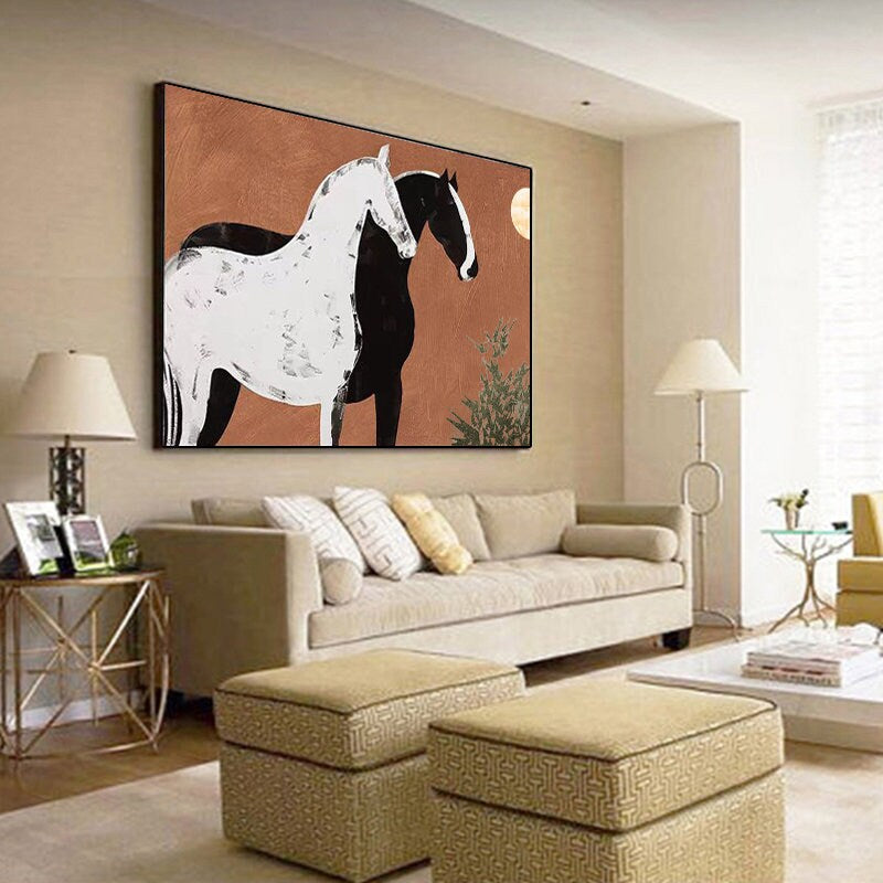 Abstract Black and White Horses Oil Painting on Canvas, Large Original Horse Canvas Wall Art, Modern Animal Painting for Living Room Bedroom