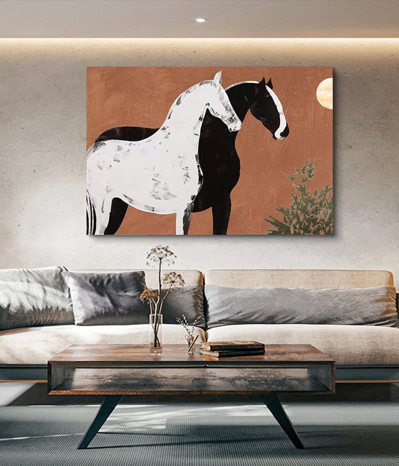 Abstract Black and White Horses Oil Painting on Canvas, Large Original Horse Canvas Wall Art, Modern Animal Painting for Living Room Bedroom