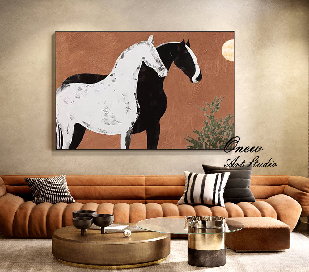 Abstract Black and White Horses Oil Painting on Canvas, Large Original Horse Canvas Wall Art, Modern Animal Painting for Living Room Bedroom