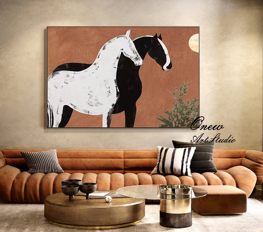 Abstract Black and White Horses Oil Painting on Canvas, Large Original Horse Canvas Wall Art, Modern Animal Painting for Living Room Bedroom