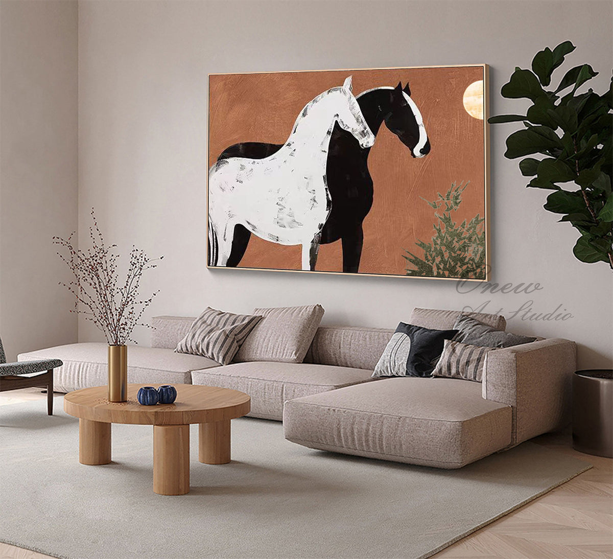 Abstract Black and White Horses Oil Painting on Canvas, Large Original Horse Canvas Wall Art, Modern Animal Painting for Living Room Bedroom