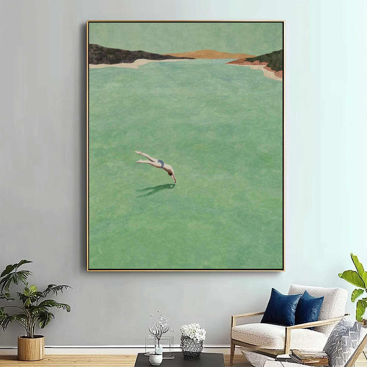 Sea Green Diver Wall Art Vintage Minimalist Ocean Canvas Painting for Entryway Decor