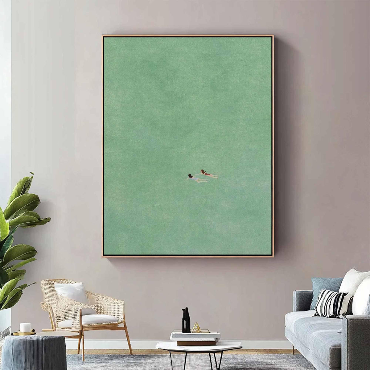 May include: A minimalist painting of two figures swimming in a green body of water. The painting has a muted color palette and a simple composition.