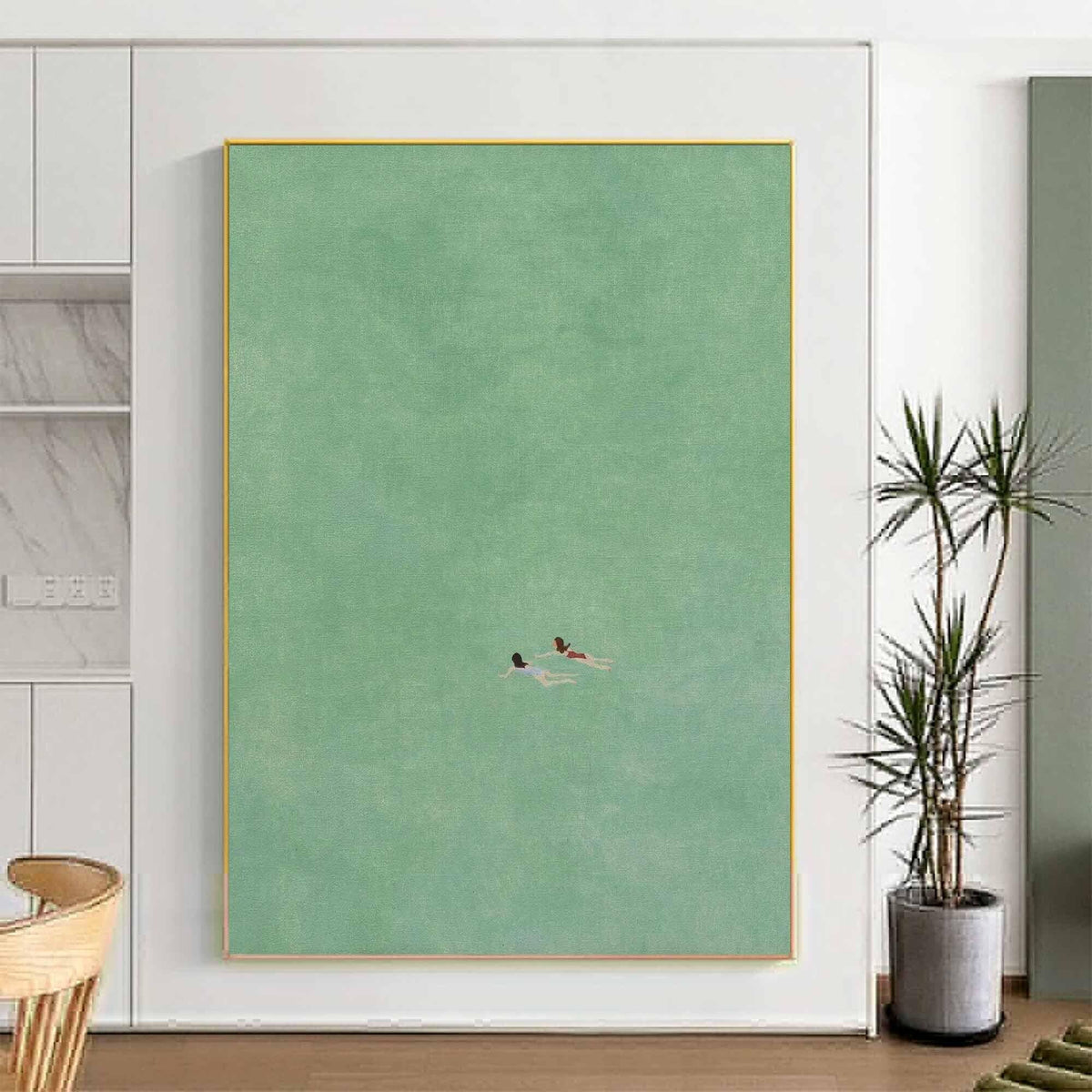 May include: A minimalist painting of two figures swimming in a green ocean. The figures are small and simple, and the ocean is a solid green color.