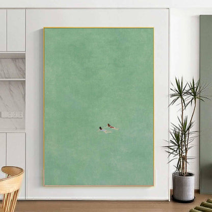 May include: A minimalist painting of two figures swimming in a green ocean. The figures are small and simple, and the ocean is a solid green color.