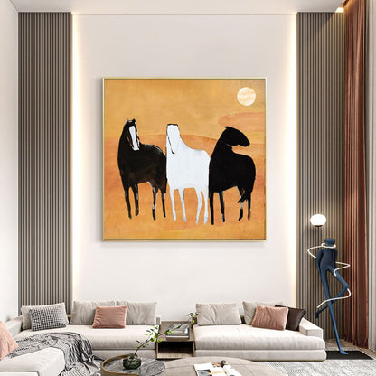 May include: Abstract painting of three horses in black, white, and brown against a yellow background. The horses are stylized and appear to be running.