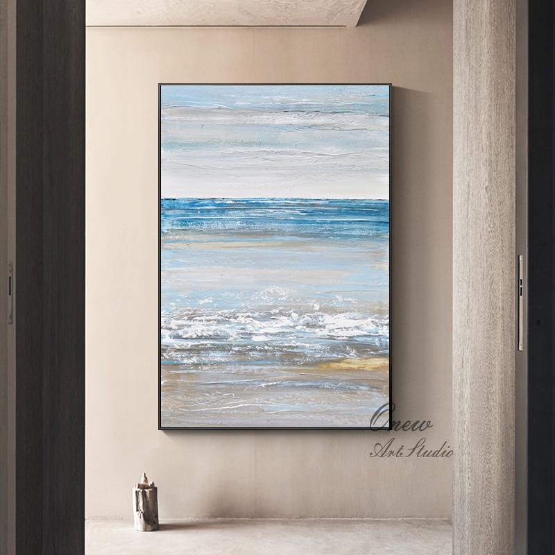 Abstract Seascape Oil Painting on Canvas, Original Beach and Sea Waves Canvas Wall Art, Modern Ocean Wall Art for Living Room, Home Décor