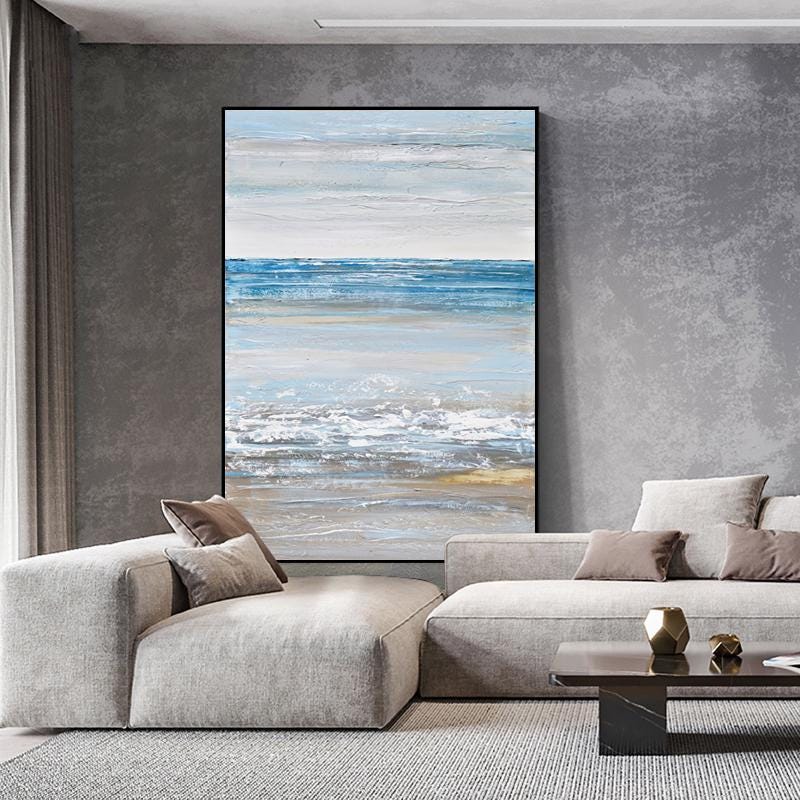 Abstract Seascape Oil Painting on Canvas, Original Beach and Sea Waves Canvas Wall Art, Modern Ocean Wall Art for Living Room, Home Décor
