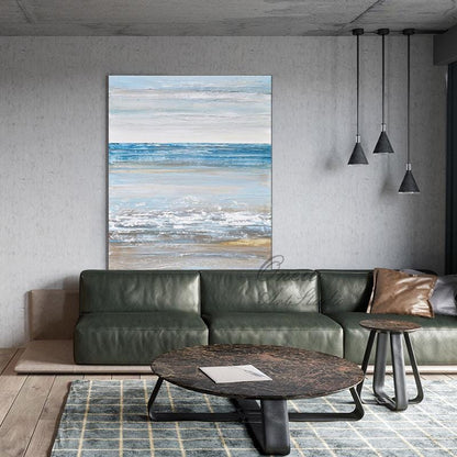 Abstract Seascape Oil Painting on Canvas, Original Beach and Sea Waves Canvas Wall Art, Modern Ocean Wall Art for Living Room, Home Décor