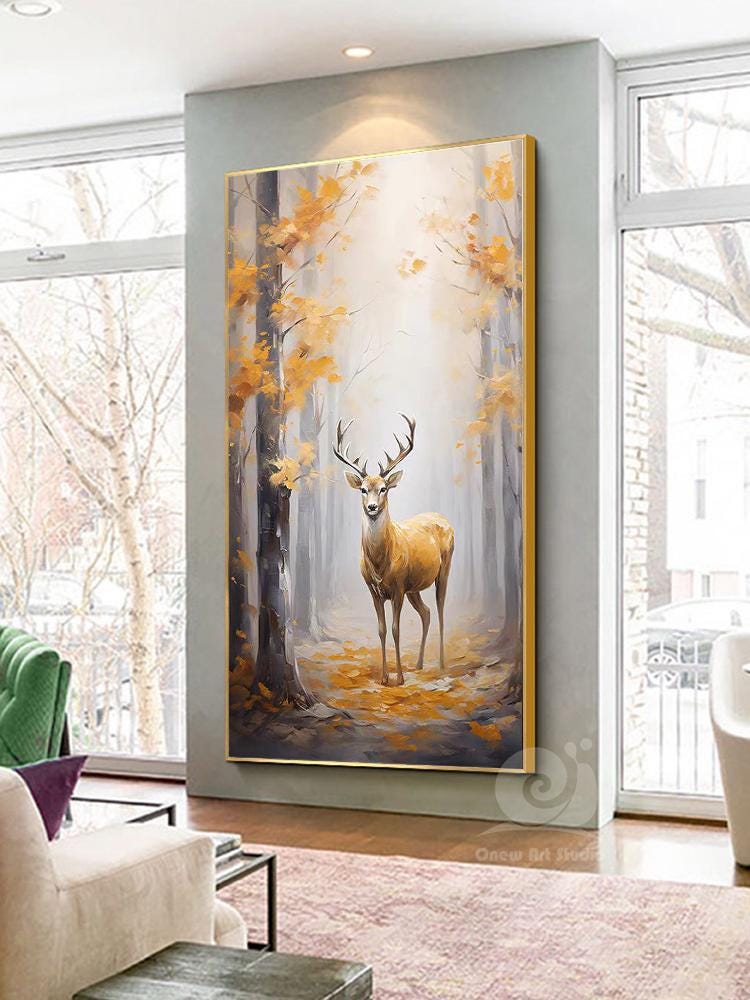 Large Original Forest and Deer Canvas Wall Art, Impressionist Landscape Oil Painting on Canvas,modern Tree and Stag Painting for Living Room