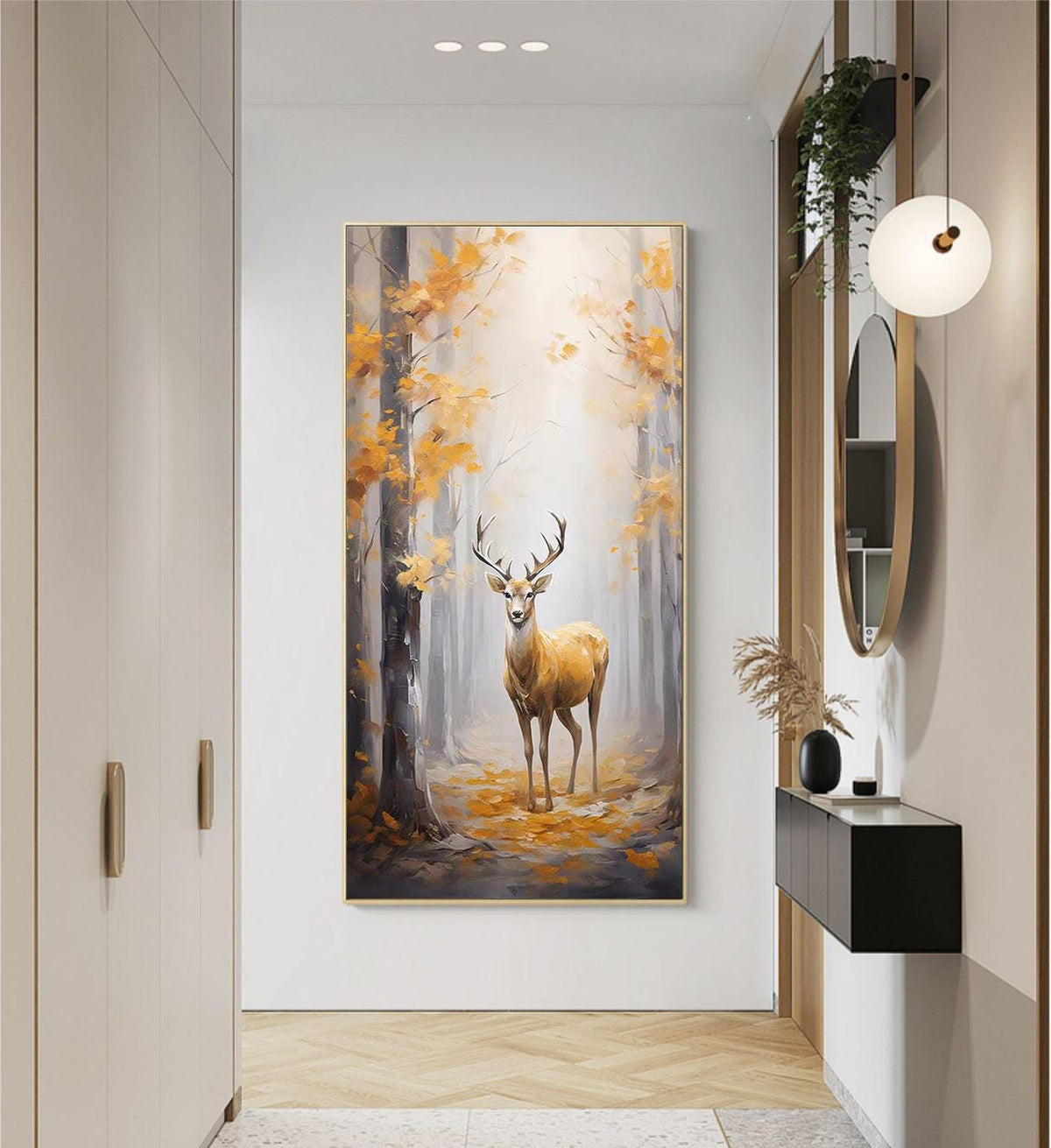 Large Original Forest and Deer Canvas Wall Art, Impressionist Landscape Oil Painting on Canvas,modern Tree and Stag Painting for Living Room
