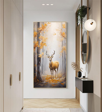 Large Original Forest and Deer Canvas Wall Art, Impressionist Landscape Oil Painting on Canvas,modern Tree and Stag Painting for Living Room