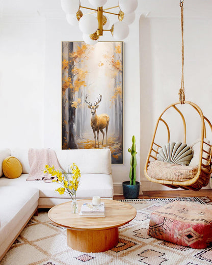 Large Original Forest and Deer Canvas Wall Art, Impressionist Landscape Oil Painting on Canvas,modern Tree and Stag Painting for Living Room