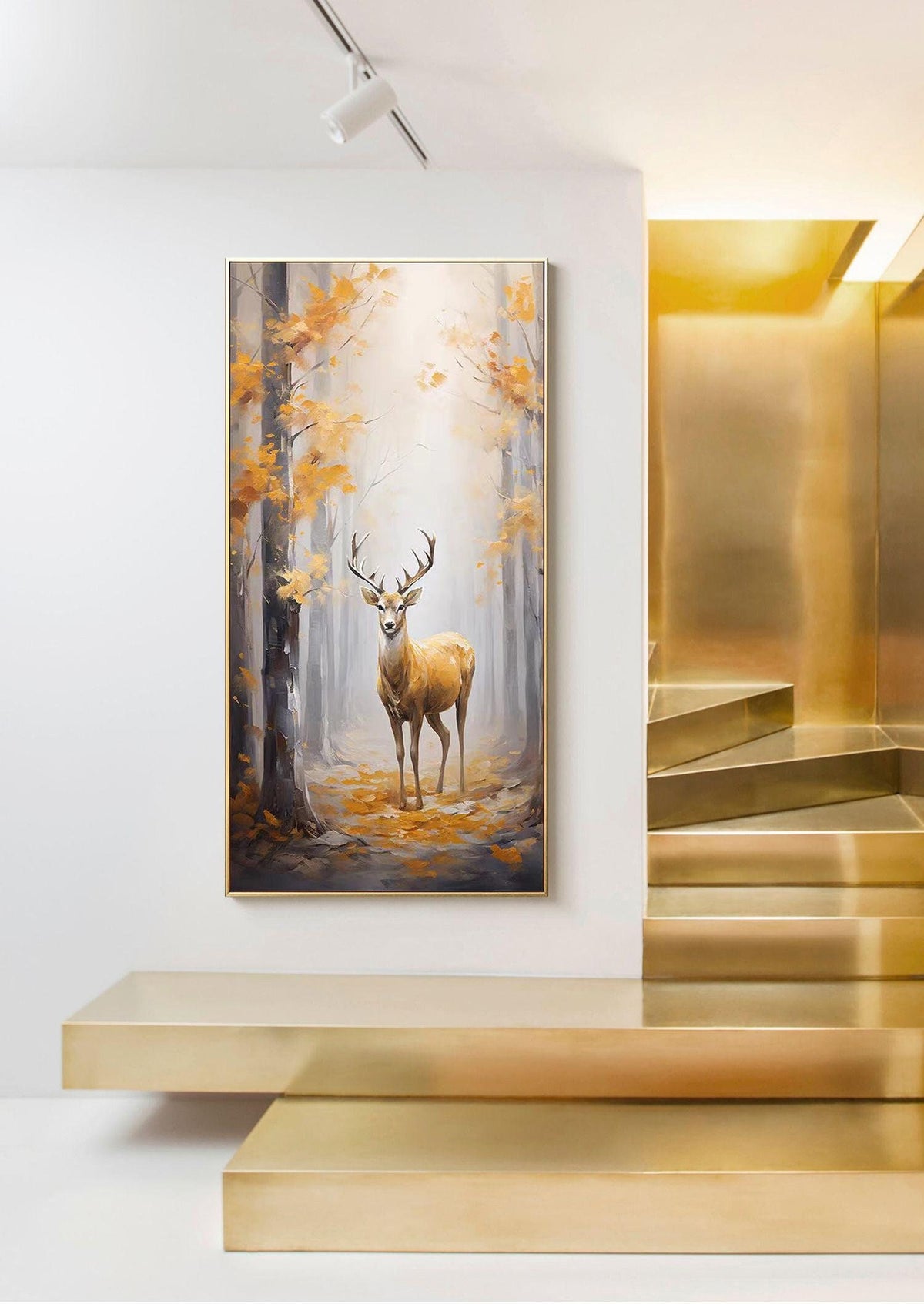 Large Original Forest and Deer Canvas Wall Art, Impressionist Landscape Oil Painting on Canvas,modern Tree and Stag Painting for Living Room