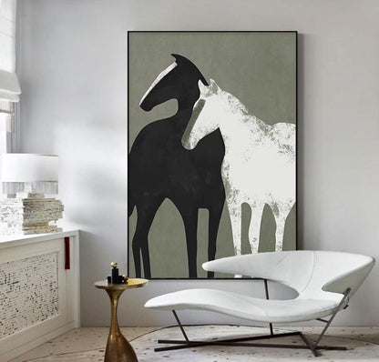 May include: Abstract painting of two horses, one black and one white, against a green background.