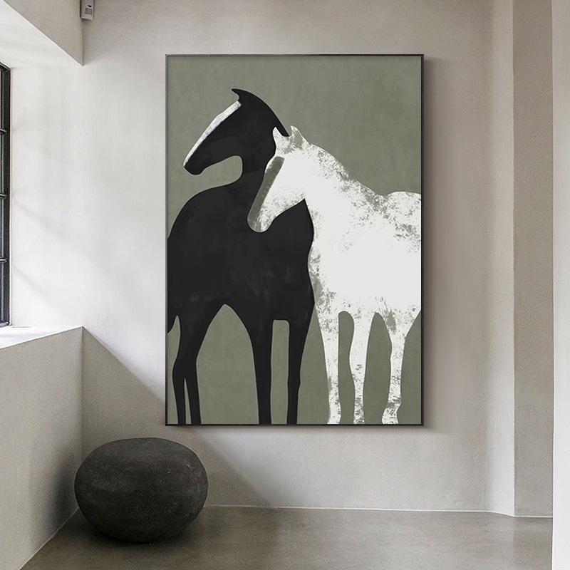May include: Abstract painting of two horses, one black and one white, against a muted green background.