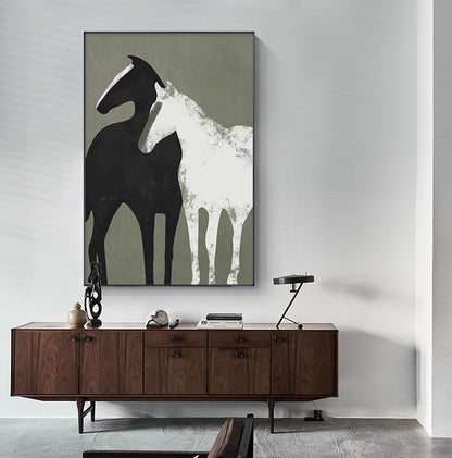 May include: Abstract painting of two horses, one black and one white, on a green background.