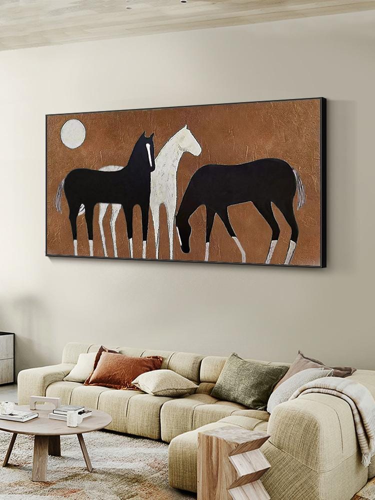 Abstract Black and White Horses Oil Painting on Canvas, Large Original Horse Canvas Wall Art, Modern Animal Painting for Living Room Bedroom