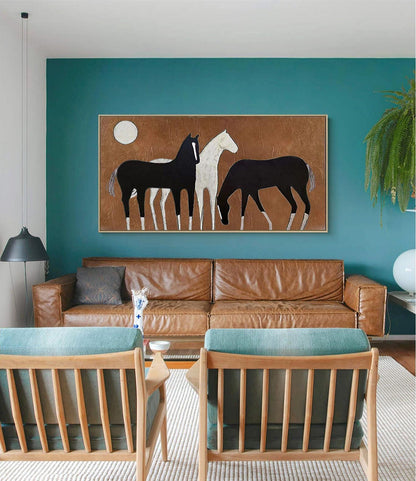 Abstract Black and White Horses Oil Painting on Canvas, Large Original Horse Canvas Wall Art, Modern Animal Painting for Living Room Bedroom