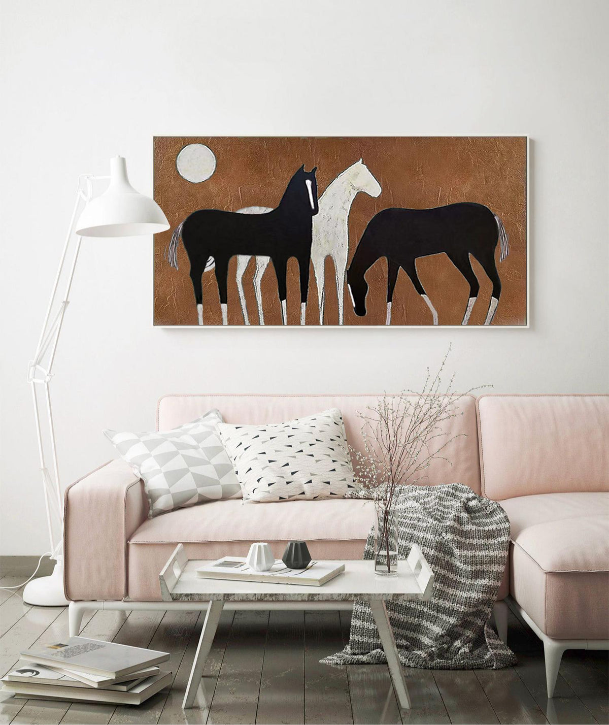 Abstract Black and White Horses Oil Painting on Canvas, Large Original Horse Canvas Wall Art, Modern Animal Painting for Living Room Bedroom