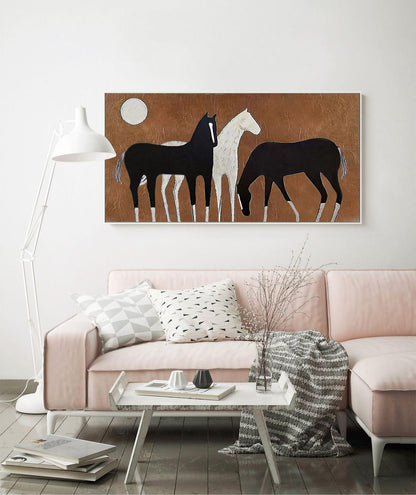Abstract Black and White Horses Oil Painting on Canvas, Large Original Horse Canvas Wall Art, Modern Animal Painting for Living Room Bedroom