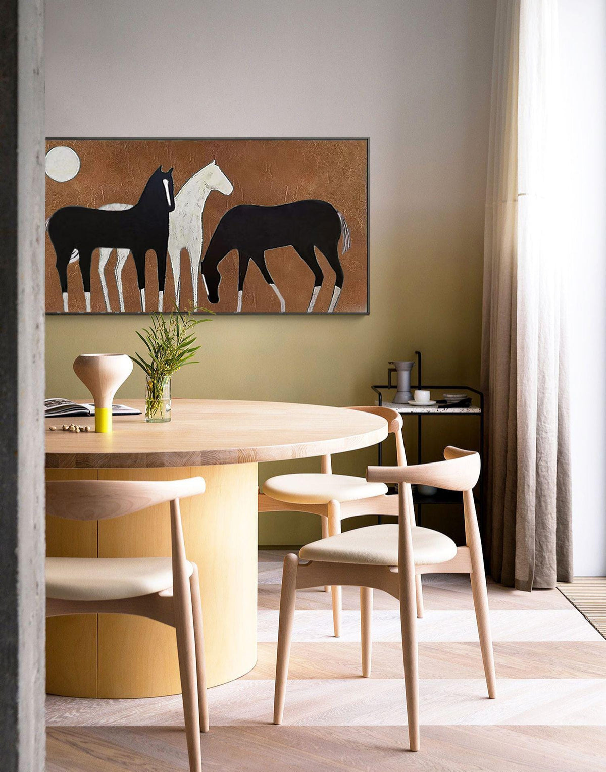 Abstract Black and White Horses Oil Painting on Canvas, Large Original Horse Canvas Wall Art, Modern Animal Painting for Living Room Bedroom