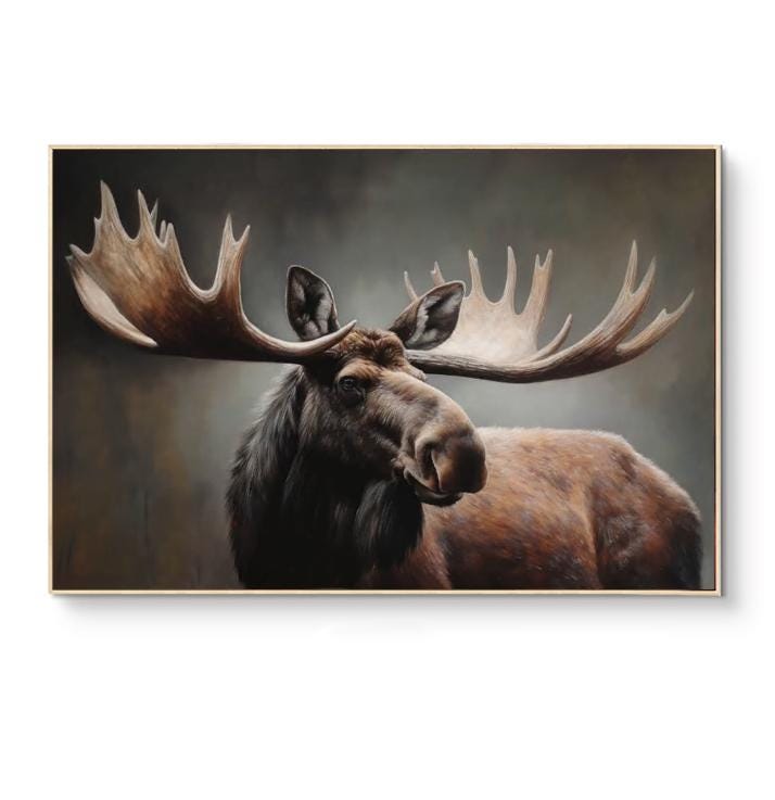 Classical Bull Moose Oil Painting on Canvas, Hand-painted Antlers Wildlife Canvas Art, Modern Animal Wall Art for Living Room, Home Décor