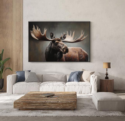 Classical Bull Moose Oil Painting on Canvas, Hand-painted Antlers Wildlife Canvas Art, Modern Animal Wall Art for Living Room, Home Décor