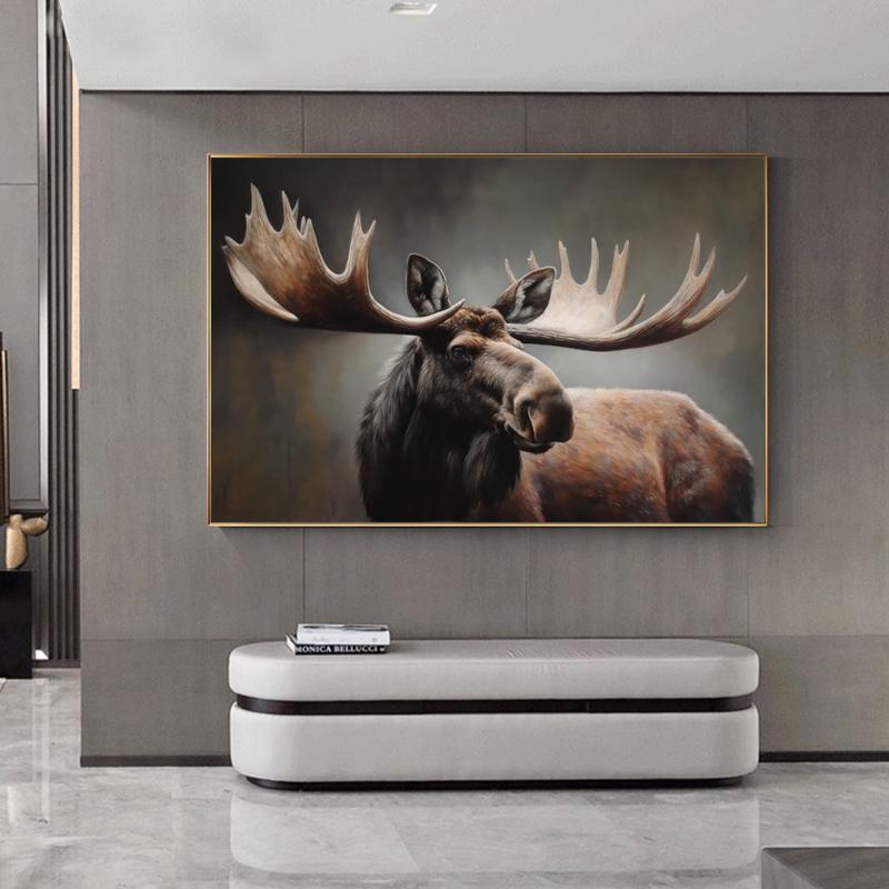 Classical Bull Moose Oil Painting on Canvas, Hand-painted Antlers Wildlife Canvas Art, Modern Animal Wall Art for Living Room, Home Décor