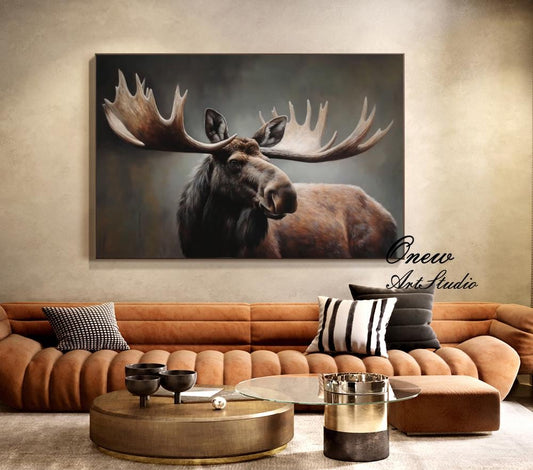 Classical Bull Moose Oil Painting on Canvas, Hand-painted Antlers Wildlife Canvas Art, Modern Animal Wall Art for Living Room, Home Décor