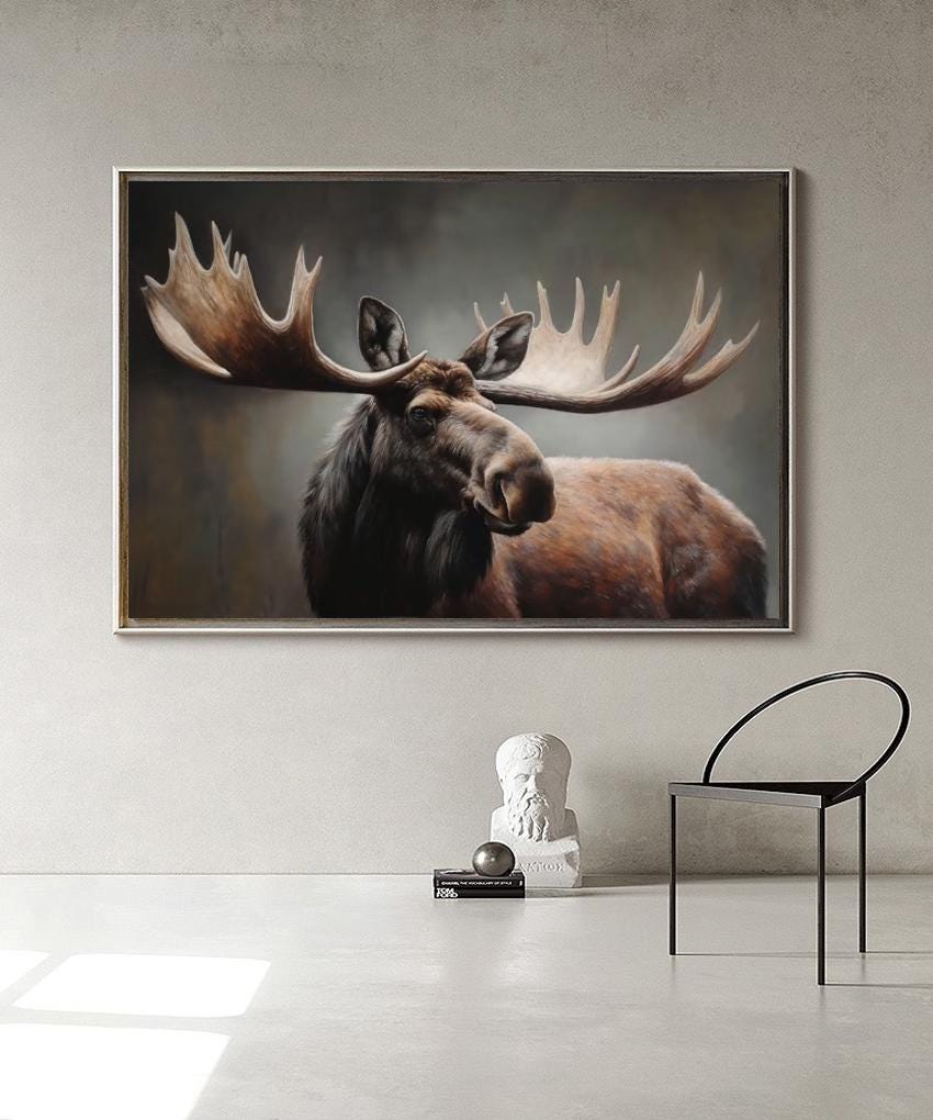 Classical Bull Moose Oil Painting on Canvas, Hand-painted Antlers Wildlife Canvas Art, Modern Animal Wall Art for Living Room, Home Décor