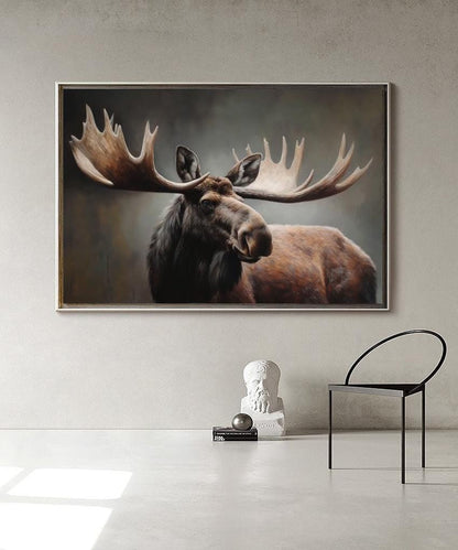 Classical Bull Moose Oil Painting on Canvas, Hand-painted Antlers Wildlife Canvas Art, Modern Animal Wall Art for Living Room, Home Décor