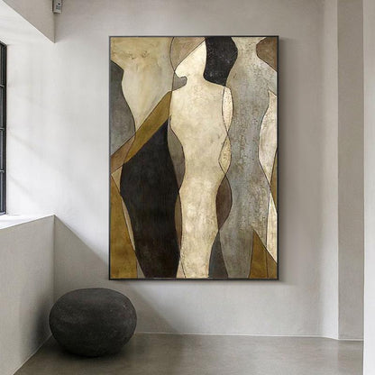 May include: Abstract art print featuring three figures in shades of brown, beige, and gray. The figures are outlined in black and have a textured, painterly look.