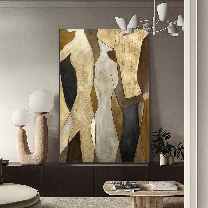 May include: Abstract art print featuring three figures in shades of brown, beige, and black. The figures are stylized and appear to be overlapping and interacting with each other.