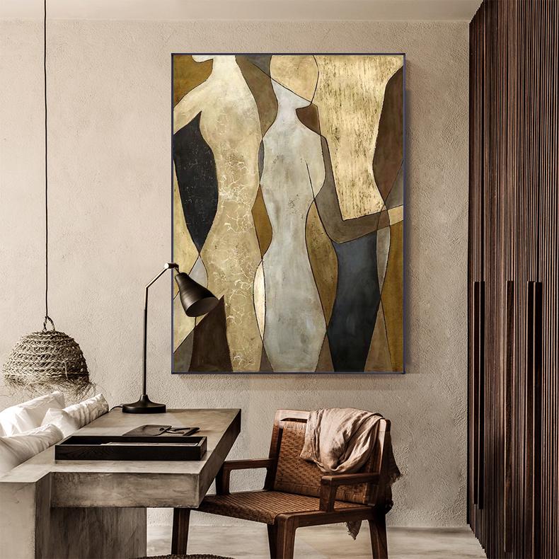May include: Abstract art print featuring three figures in shades of brown, beige, and gray. The figures are outlined in black and have a geometric, modern style.