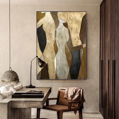 May include: Abstract art print featuring three figures in shades of brown, beige, and gray. The figures are outlined in black and have a geometric, modern style.