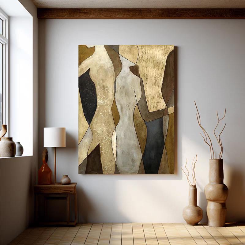May include: Abstract art print featuring three figures in shades of brown, beige, and black. The figures are stylized and geometric, creating a modern and minimalist aesthetic.