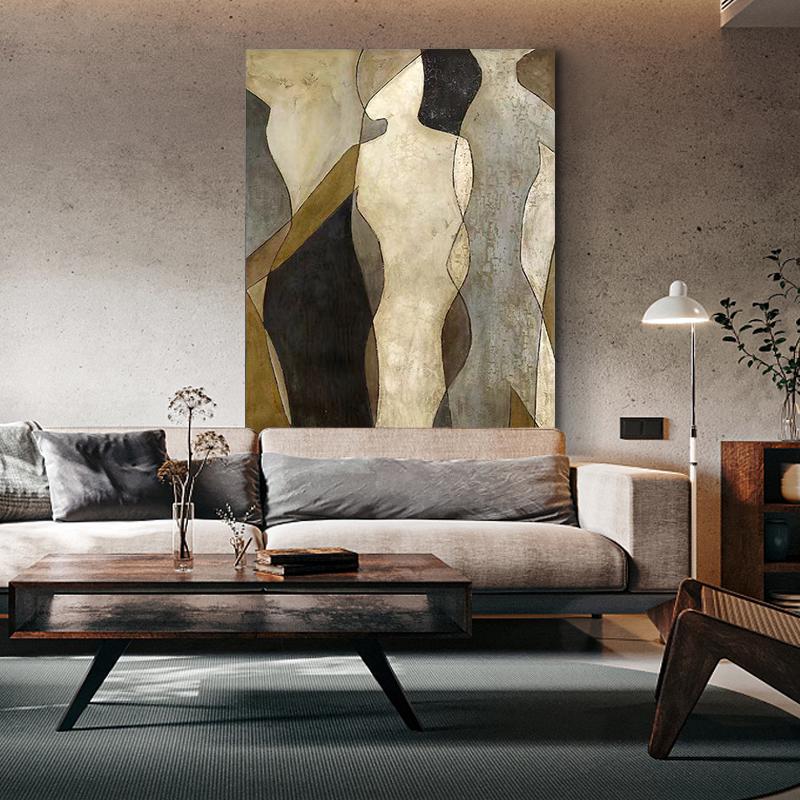 May include: Abstract art print featuring three figures in shades of brown, beige, and blue. The figures are outlined in black and have a textured, painterly look.