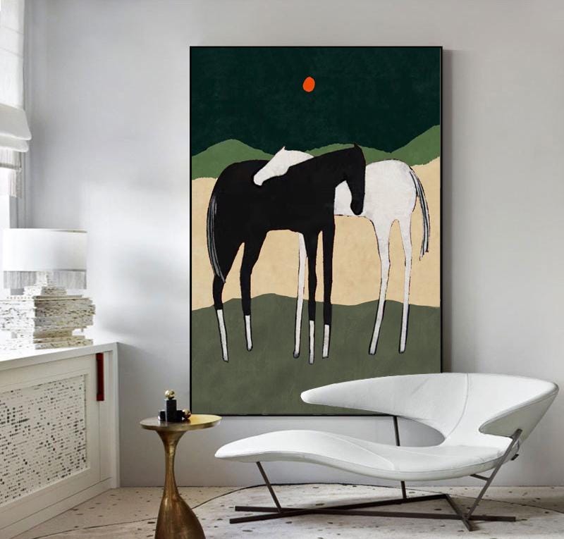 May include: Abstract painting of two horses, one black and one white, standing side by side on a green and brown background with a red circle in the sky.