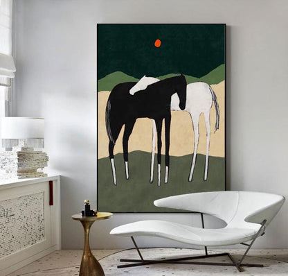May include: Abstract painting of two horses, one black and one white, standing side by side on a green and brown background with a red circle in the sky.