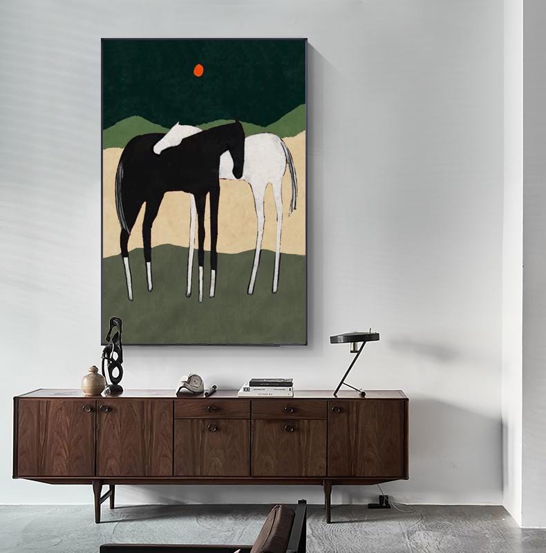 May include: Abstract painting of two horses, one black and one white, standing side by side on a green and brown background with a red circle in the upper left corner.