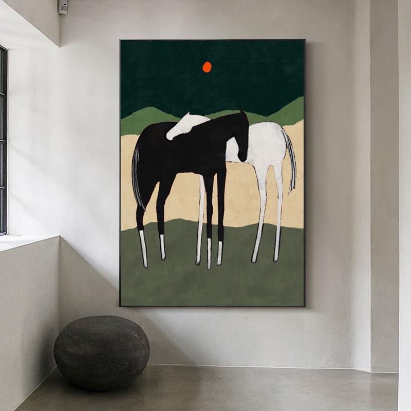 May include: Abstract painting of two horses, one black and one white, standing side by side in a green field with a red circle in the sky.